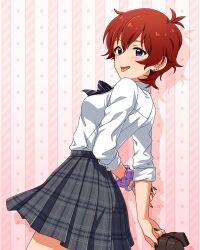 1girl antenna_hair arms_behind_back bangle black_bow black_bowtie black_nails blue_eyes bow bowtie bracelet breasts collarbone collared_shirt concept_gyarus_(idolmaster) cowboy_shot diagonal-striped_bow diagonal-striped_bowtie diagonal-striped_clothes ear_piercing eyelashes from_side grey_skirt gyaru holding holding_own_arm holding_shoes holding_unworn_clothes idolmaster idolmaster_million_live! idolmaster_million_live!_theater_days jewelry julia_(idolmaster) light_blush looking_at_viewer loose_bowtie medium_breasts official_alternate_costume official_art open_mouth piercing pink_background plaid_clothes plaid_skirt pleated_skirt purple_scrunchie red_hair school_uniform scrunchie shirt shoes short_hair silver_bangle silver_bracelet skirt sleeves_rolled_up solo star_(symbol) striped_clothes tongue tongue_out unworn_shoes white_shirt wrist_scrunchie