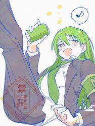 1boy armband black_jacket black_pants can collared_shirt full_body green_armband green_hair green_necktie holding holding_can jacket lobotomy_corporation long_hair long_sleeves looking_at_viewer male_focus medu_(rubish) necktie netzach_(project_moon) open_mouth pants project_moon shirt simple_background sitting solo white_background white_shirt yellow_eyes
