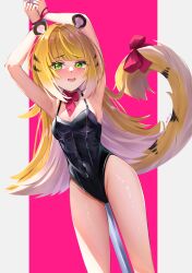 1girl absurdres alternate_costume animal_ear_fluff animal_ears blonde_hair breasts colored_inner_hair green_eyes highres ju_fufu leotard long_hair looking_at_viewer multicolored_hair open_mouth patter_kub simple_background solo tail tiger_ears tiger_girl tiger_tail white_hair zenless_zone_zero
