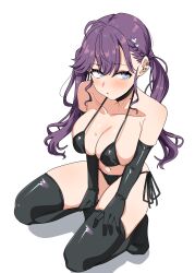 Rule 34 | 1girl, absurdres, ahoge, bare shoulders, bikini, black bikini, black choker, black gloves, black thighhighs, blue eyes, blush, breasts, choker, collarbone, elbow gloves, gakuen idolmaster, gloves, highres, idolmaster, kaya rinha, large breasts, long hair, looking at viewer, micro bikini, navel, purple hair, seihekiog, side-tie bikini bottom, simple background, sitting, skindentation, solo, swimsuit, thighhighs, thighs, twintails, white background