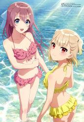 2girls absurdres ass bikini blonde_hair blue_eyes blunt_bangs breasts brown_hair cleavage closed_mouth collarbone day frilled_bikini frills hair_between_eyes hair_ribbon highres long_hair magazine_scan medium_breasts medium_hair megami_magazine multiple_girls ocean official_art open_mouth outdoors pink_bikini red_eyes ribbon sakuranamiki_otome scan seiyuu_radio_no_uraomote smile sunlight swimsuit wet yellow_bikini yubisaki_mekuru