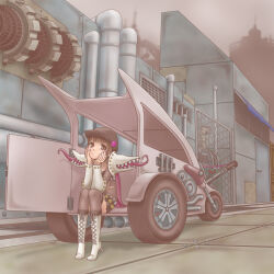 Rule 34 | 1girl, armor, boots, brown eyes, brown hair, brown hat, brown sky, brown thighhighs, car, chain-link fence, closed mouth, commentary request, expressionless, factory, fence, full body, gears, genetic (ragnarok online), hands on own cheeks, hands on own face, hat, industrial pipe, living clothes, looking at viewer, motor vehicle, newsboy cap, outdoors, pauldrons, ragnarok online, short hair, shoulder armor, sitting, solo, sorainu c, thighhighs, white boots