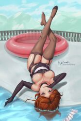 1girl belt breasts brown_hair brown_pantyhose cloud cloudy_sky commission commissioner_upload dyana_(gunarmdyne) feet fence finger_to_mouth frills full_body garter_straps grey_eyes highres hybridmink innertube legs long_hair lying maid maid_headdress mountain on_back one-piece_swimsuit original pantyhose partially_submerged patreon_username shoes signature single_shoe sky smile solo swim_ring swimsuit upside-down white_belt