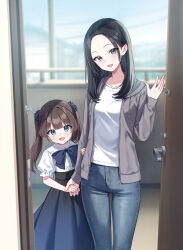 2girls :d amagi_shino aqua_eyes black_bow black_hair black_ribbon black_skirt blue_pants blurry blurry_background bow breasts brown_hair character_request child collarbone commentary_request copyright_request day denim door dot_nose eyes_visible_through_hair feet_out_of_frame grey_jacket hair_bow highres holding_another&#039;s_arm holding_hands jacket jeans light_blush long_hair long_sleeves looking_at_viewer medium_breasts multiple_girls neck_ribbon open_clothes open_jacket open_mouth pants parted_bangs ribbon second-party_source shirt short_sleeves skirt smile twintails white_shirt