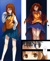 1boy 1girl angry black_eyes black_hair blood blood_on_clothes blue_ribbon blue_skirt brown_eyes brown_hair burleciel closed_eyes dual_persona glasses highres long_hair long_sleeves multiple_views pleated_skirt red_eyes ribbon school_uniform shirt skirt smile solo tohno_shiki tsukihime tsukihime_(remake) yumizuka_satsuki