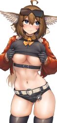 1girl absurdres aciddrop_(arknights) ahoge animal_ears arknights belt bird_ears bird_girl black_gloves black_shirt black_shorts black_thighhighs blue_eyes breasts brown_hair buckle clothes_lift contrapposto cropped_jacket eyewear_on_head gloves gluteal_fold highres jacket large_breasts lifting_own_clothes looking_up navel open_clothes open_jacket radioneet red_jacket shirt shirt_lift short_hair short_shorts shorts simple_background solo sunglasses thighhighs underboob white_background