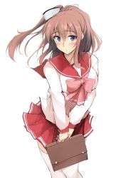 Rule 34 | 1girl, alternate costume, bag, blue eyes, blush, breasts, briefcase, brown hair, commentary request, cosplay, female focus, hair between eyes, hair ornament, handbag, high side ponytail, itou shizuka, kantai collection, kousaka tamaki, kousaka tamaki (cosplay), large breasts, long hair, long sleeves, looking at viewer, parody, pink ribbon, pleated skirt, ponytail, red serafuku, red skirt, ribbon, saratoga (kancolle), school bag, school briefcase, school uniform, serafuku, side ponytail, sidelocks, skirt, solo, thighhighs, to heart, to heart (series), to heart 2, voice actor connection, white thighhighs, zekkyon