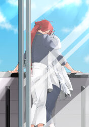 2girls black_pants black_shirt blue_sky cloud commentary_request day gundam gundam_suisei_no_majo highres kusattatofu long_hair miorine_rembran multiple_girls pants ponytail red_hair shirt sky sliding_doors suletta_mercury white_hair white_pants white_shirt yuri