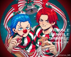 2boys bell blue_eyes blue_hair bright_pupils buggy_the_clown candy candy_cane chewing clown_nose eyelashes food food_in_mouth food_on_face gingerbread_man highres looking_at_viewer male_focus merry_christmas multiple_boys one_piece red_hair ribbon sample_watermark scarf shanks_(one_piece) short_hair striped_clothes striped_ribbon striped_scarf vamos_mk watermark white_pupils