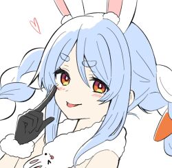 Rule 34 | 1girl, :p, animal ear fluff, animal ears, bare shoulders, black gloves, blue hair, blush, braid, carrot hair ornament, closed mouth, commentary, don-chan (usada pekora), food-themed hair ornament, fur-trimmed gloves, fur trim, gloves, hair ornament, hand up, heart, highres, hololive, kiritoma, long hair, rabbit ears, short eyebrows, simple background, smile, solo, thick eyebrows, tongue, tongue out, twin braids, twintails, upper body, usada pekora, usada pekora (1st costume), virtual youtuber, white background, white hair