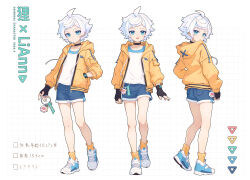 1girl absurdres ahoge aqua_eyes arm_at_side artist_name bare_legs black_gloves blue_footwear blue_shorts blue_undershirt border character_name character_profile charm_(object) choker color_guide cowlick denim denim_shorts drawstring fingerless_gloves flipped_hair full_body gloves grid_background hand_in_pocket highres holding holding_key hood hood_down hoodie key layered_clothes liann long_sleeves looking_at_viewer multicolored_eyes multiple_views open_clothes open_hoodie orange_hoodie original outside_border pocket ribbed_socks ringed_eyes shirt shoes short_hair short_shorts shorts side_part sidelocks sneakers socks standing standing_on_one_leg swept_bangs turnaround two-tone_eyes two-tone_footwear undershirt white_background white_border white_footwear white_hair white_shirt yellow_eyes yellow_socks
