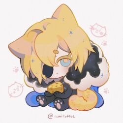 animal_ears animal_hands black_fur blue_cape blue_eyes blush cape cat_boy cat_ears cat_paws cat_tail cheese chibi closed_mouth colored_eyelashes commentary dimitri_alexandre_blaiddyd dimitri_alexandre_blaiddyd_(timeskip) dot_mouth english_commentary eyepatch fire_emblem fire_emblem:_three_houses food full_body fur_trim hair_between_eyes highres holding holding_food kemonomimi_mode nintendo one_eye_covered parted_bangs paw_print remitoffee simple_background sitting sparkle tail white_background white_fur