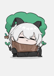 1girl absurdres black_gloves black_horns black_pants black_shoes branch chibi chibi_only closed_eyes closed_mouth commentary curled_horns english_commentary gloves grey_background grey_hair highres holding holding_branch horns long_hair pants shoes simple_background sitting solo spread_legs tree_costume wawamachi wide_spread_legs wuthering_waves zani_(wuthering_waves)