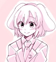 1girl animal_ears bad_id bad_twitter_id blush rabbit_ears female_focus floppy_ears formal_clothes highres limited_palette mana_(gooney) monochrome necktie pink_background reisen short_hair simple_background smile solo suit touhou upper_body