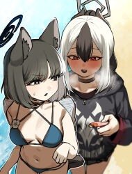2girls absurdres animal_ears bikini black_choker black_eyes black_hair black_hoodie black_horns blue_archive blue_bikini blue_halo breasts cat_ears cat_girl cat_tail choker chroong ciao_churu demon_horns grey_halo hair_between_eyes halo heart heart_in_eye highres hood hood_down hoodie horns kayoko_(blue_archive) kikyou_(blue_archive) kikyou_(swimsuit)_(blue_archive) light_blush long_hair long_sleeves medium_breasts multicolored_hair multiple_girls navel official_alternate_costume open_mouth pet_food red_eyes short_hair smile stomach swimsuit symbol_in_eye tail two-tone_hair white_hair