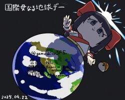Rule 34 | 1girl, ainu clothes, artist name, black hair, chibi, dated, earth (planet), fingerless gloves, gloves, grey eyes, hair ribbon, japanese text, long hair, looking at viewer, mamahaha, nakoruru, planet, ribbon, samurai spirits, shaded face, smile, snk, sun, the king of fighters, translation request