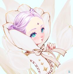 1girl blush bow double_bun eyelashes facial_mark fingernails flower forehead_mark frills green_eyes hair_bun leaf lips looking_at_viewer makeup nose_blush oka-easelandshiro original parted_lips pink_flower purple_hair rouge_(makeup) short_hair signature solo upper_body