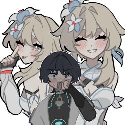 1boy 1girl ;p akanbe arm_cutout armor black_bodysuit black_bridal_gauntlets black_gloves black_hair blonde_hair blue_feathers blue_flower blue_trim blunt_ends blush bodysuit breasts bridal_gauntlets bright_pupils cleavage closed_eyes covering_own_mouth detached_sleeves dress eyelashes eyelid_pull facing_viewer feather_hair_ornament feathers finger_to_eye flower genshin_impact gloves glowing_markings grin hair_flower hair_intakes hair_ornament halterneck hand_over_own_mouth hetero highres index_finger_raised japanese_armor japanese_clothes kimono kote kurokote looking_at_another looking_at_viewer lumine_(genshin_impact) messy_hair multicolored_flower multiple_views one_eye_closed open_clothes open_kimono partially_fingerless_gloves purple_eyes remhotaru scaramouche_(genshin_impact) scarf short_hair short_hair_with_long_locks short_sleeves shoulder_peek sidelocks small_breasts smile sweatdrop teeth tongue tongue_out upper_body vambraces wanderer_(genshin_impact) white_background white_dress white_flower white_kimono white_pupils white_scarf white_sleeves wide-eyed yellow_eyes