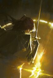 1girl absurdres artist_name brown_hair clair_obscur:_expedition_33 coat english_text from_behind gloves glowing highres holding holding_sword holding_weapon long_hair maelle_(clair_obscur:_expedition_33) ponytail rapier solo sorrowny sword upper_body weapon