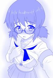 armband blue_theme blush bra breasts commentary_request girls_und_panzer lifting_own_clothes medium_breasts miniskirt monochrome neckerchief ooarai_school_uniform open_mouth ou_taiga pleated_skirt school_uniform selfie semi-rimless_eyewear serafuku shira14 short_hair short_twintails skirt twintails underwear