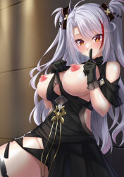 1girl antenna_hair azur_lane bare_shoulders black_dress black_gloves bow breasts breasts_out clothing_cutout dress evening_gown finger_to_mouth gekato gloves hair_between_eyes highres large_breasts long_hair looking_at_viewer multicolored_bow multicolored_hair nipples official_alternate_costume orange_eyes prinz_eugen_(azur_lane) prinz_eugen_(cordial_cornflower)_(azur_lane) puffy_nipples red_hair solo streaked_hair underboob_cutout very_long_hair white_hair