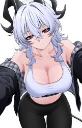 1girl absurdres aldided alternate_costume artist_name bags_under_eyes black_horns black_jacket black_pants breasts cleavage collarbone commentary cowboy_shot demon_horns hair_between_eyes highres horns jacket large_breasts leaning_forward long_hair looking_at_viewer midriff navel off_shoulder open_clothes open_jacket pants parted_lips red_eyes simple_background solo sports_bra tail thigh_gap tight_clothes tight_pants white_background white_hair wuthering_waves yoga_pants zani_(wuthering_waves)