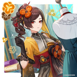 1girl absurdres black_gloves brown_hair chiori_(genshin_impact) commentary drill_hair english_commentary genshin_impact gloves grey_kimono hair_ornament hair_stick haori highres holding japanese_clothes kimono looking_at_viewer mannequin medium_hair obi official_art open_clothes orange_eyes parted_lips red_sash sash sewing short_sleeves side_ponytail solo tokki upper_body