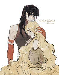 Rule 34 | 1boy, 1girl, 2020, artist name, bare shoulders, black hair, blonde hair, brother and sister, character name, closed eyes, closed mouth, collar, dated, eyebrows hidden by hair, eyelashes, eyes visible through hair, grey eyes, hair between eyes, hand on another&#039;s head, height difference, husband and wife, long hair, nienor, profile, siblings, simple background, the silmarillion, tolkien&#039;s legendarium, turin, viery