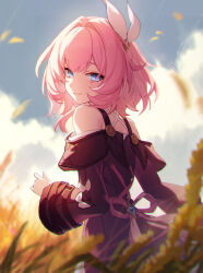 1girl absurdres bare_shoulders blue_eyes cloud cloudy_sky coat cyrene_(honkai:_star_rail) hair_ornament highres honkai:_star_rail honkai_(series) looking_at_viewer looking_back pink_hair purple_coat purple_pupils shali sky smile solo wheat wheat_field
