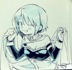 1girl armlet bare_shoulders blue_eyes blue_hair blue_shirt blue_sleeves blue_theme buttons cape cape_hold collared_cape commentary_request detached_sleeves diamond_button frilled_shirt frills gloves grin hair_between_eyes happy high_collar jewelry light_blush long_sleeves looking_at_viewer magical_girl mahou_shoujo_madoka_magica mahou_shoujo_madoka_magica_(anime) miki_sayaka miki_sayaka_(magical_girl) no+bi= one_eye_closed photo_(medium) shirt short_hair skirt smile solo strapless strapless_shirt tareme traditional_media two-tone_shirt upper_body white_cape white_gloves white_shirt
