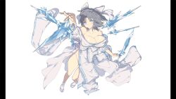 1girl absurdres blue_eyes blue_sandals bow breasts cleavage crystal_sword floating floating_object floating_weapon grey_hair groin hair_bow highres holding ice japanese_clothes kimono large_bow large_breasts medium_hair non-web_source official_art parted_bangs pillarboxed sandals senran_kagura senran_kagura_burst_re:newal socks solo sword weapon white_background white_bow white_kimono white_socks yaegashi_nan yumi_(senran_kagura)