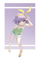 1girl absurdres arm_behind_back arm_up blue_bow bow bow_hairband claw_pose commentary_request fate/grand_order fate_(series) fingernails full_body green_one-piece_swimsuit hairband highres kapapapa25 kazuradrop_(fate) kazuradrop_(second_ascension)_(fate) one-piece_swimsuit purple_background purple_eyes purple_hair see-through_clothes see-through_skirt shoes simple_background skirt solo swimsuit swimsuit_skirt yellow_hairband yellow_shoes