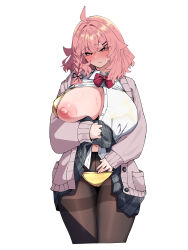 1girl absurdres ahoge bikini black_ribbon black_skirt blush bow bowtie braid breasts brown_cardigan brown_pantyhose cardigan clothes_lift cropped_legs flower gold_bikini hair_flower hair_ornament hair_ribbon head_tilt highres huge_breasts kozakura_men_(warabi_mochi_(w4rabimochi)) large_areolae large_nipples long_sleeves looking_at_viewer medium_hair mole mole_under_eye navel nipples one_breast_out original pantyhose pink_eyes pink_hair red_bow red_bowtie ribbon school_uniform shirt simple_background single_braid skirt skirt_lift solo sweat swimsuit thighband_pantyhose warabi_mochi_(w4rabimochi) white_background white_shirt