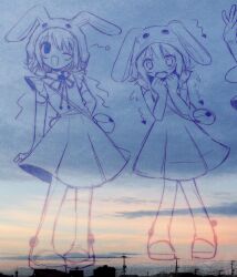 Rule 34 | 1girl, animal hat, bag, boots, dress, handbag, hands up, hat, highres, looking at viewer, multiple views, neck ribbon, one eye closed, open mouth, original, own hands together, pepeppepe101, photo background, rabbit hat, ribbon, short dress, smile