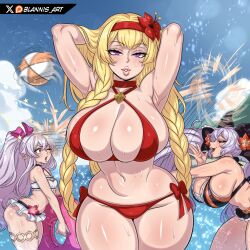 Rule 34 | 3girls, annoyed, armpits, arms behind head, arms up, athena (granblue fantasy), ball, beach, beachball, bikini, bikini skirt, blannis, blonde hair, blue sky, braid, breasts, cowboy shot, day, eyelashes, female focus, from side, granblue fantasy, hairband, hand up, huge breasts, lips, long hair, looking at another, looking at viewer, matching hair/eyes, medusa (shingeki no bahamut), medusa (summer) (granblue fantasy), motion lines, multicolored bikini, multiple girls, naughty face, ocean, one eye closed, open mouth, orange bikini, outdoors, parted lips, petite, pointy ears, ponytail, profile, purple bikini, purple eyes, purple hair, red bikini, red eyes, red hairband, satyr (granblue fantasy), side-tie bikini bottom, sky, small breasts, smug, standing, striped bikini, striped clothes, swimsuit, teeth, twin braids, twintails, vertical-striped bikini, vertical-striped clothes, water, white bikini, wide hips