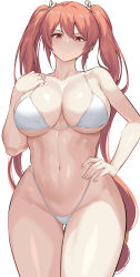 1girl absurdres bikini breasts character_request cleavage closed_mouth commentary_request cowboy_shot dungeon_and_fighter earrings hair_ornament hand_on_own_hip hand_up highleg highleg_bikini highres jewelry kook korean_commentary large_breasts long_hair looking_at_viewer navel ophelia_bagrans red_eyes red_hair sideboob simple_background solo swimsuit thighs twintails underboob white_background white_bikini