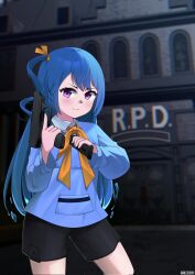 Rule 34 | 1girl, alceid, artist name, blue hair, blurry, blurry background, blush, blush stickers, bow, commission, gun, hair bow, hair ribbon, handgun, highres, knee up, knees up, looking at viewer, magazine (weapon), pants, pistol, purple eyes, resident evil, resident evil 2, ribbon, shirt, shorts, solo, v&amp;u entertainment, virtual youtuber, weapon, zeli zuimu
