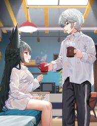 1boy 1girl animal_ear_fluff animal_ears bedroom black_bra black_hair blush bra bra_visible_through_clothes coffee_mug collared_shirt cup fox_ears fox_girl green_eyes grey_hair hair_ornament hairpin hickey highres holding_hairpin hoshimi_miyabi implied_after_sex indoors ine_(ineinnen) lipstick_mark long_hair looking_at_another loose_clothes loose_shirt mug no_pants on_bed open_mouth pants profile red_eyes see-through_clothes shirt short_hair sitting smile standing sweatpants underwear very_long_hair white_shirt wise_(zenless_zone_zero) zenless_zone_zero
