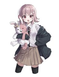 Rule 34 | 1girl, alternate hair ornament, blush, bow, breasts, brown hair, collared shirt, danganronpa (series), danganronpa 2: goodbye despair, diaper, ear bow, flipped hair, hair ornament, highres, hood, jacket, long sleeves, looking at viewer, medium hair, monomi (danganronpa), nanami chiaki, neck ribbon, nyangpa 1223, open clothes, open jacket, pink eyes, pink ribbon, pleated skirt, ribbon, shirt, skirt, solo, thighhighs, white shirt