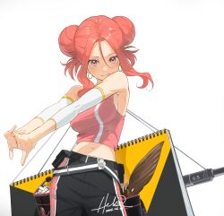 Rule 34 | 1girl, absurdres, armpits, black pants, breasts, character request, closed mouth, commentary request, contrapposto, copyright request, dated, double bun, earrings, elbow sleeve, hair bun, highres, hoop earrings, hz (helu 2), jewelry, long sidelocks, looking at viewer, maruman sketchbook, medium breasts, midriff, navel, orange hair, pants, pen, pink eyes, pink hair, pink pants, red hair, shaded face, shirt, sideboob, sidelocks, signature, simple background, sketchbook, sleeveless, sleeveless shirt, smile, solo, stretching, white background