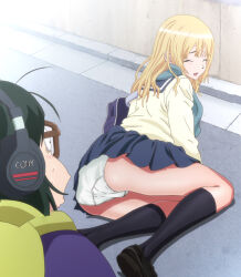 1boy 1girl anime_screenshot ass ass_focus bag black_hair black_shoes black_socks blue_bag blue_skirt blush closed_eyes closed_mouth glasses green_scarf handbag headphones highres kyou_no_asuka_show kyouno_asuka legs long_hair long_sleeves miniskirt open_mouth panties pleated_skirt scarf school_bag school_uniform serafuku shoes short_hair skirt socks sweat sweatdrop thighs thighs_focus underwear white_panties yellow_serafuku
