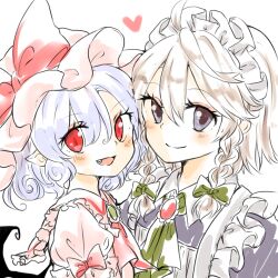 2girls alternate_hairstyle bat_wings blue_hair blush commentary_request izayoi_sakuya lowres maru_usagi multiple_girls pointy_ears red_eyes remilia_scarlet short_sleeves simple_background smile solo touhou white_background wings