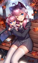 1girl animal_ears bench black_shirt black_skirt blue_eyes blush cat_ears cat_girl highres indie_virtual_youtuber leaf long_hair looking_at_viewer maple_leaf one_eye_closed parted_lips purple_hair sakurada_hane shirt sitting skirt smile solo thighhighs thighs virtual_youtuber white_thighhighs wsman