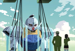 1boy 1girl absurdres black_hair challia_bull cloud commentary_request comoli_harcourt formal_clothes green_jacket green_pants green_suit gundam gundam_gquuuuuux hand_in_pocket highres jacket mecha nkeo outdoors pants parody robot rope scene_reference standing suit turn_a_gundam turn_a_gundam_(mobile_suit) undercut water