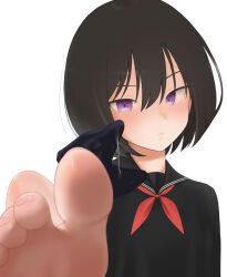 Rule 34 | 1girl, after handjob, barefoot, black hair, black serafuku, blush, feet, handjob, looking at viewer, maa (maa1), medium hair, original, pov, purple eyes, school uniform, serafuku, sock on penis, sockjob, socks, soles, toes, unworn socks