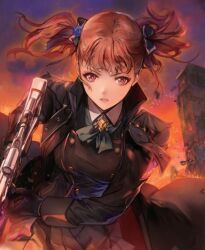 1girl a_returner&#039;s_magic_should_be_special brown_eyes brown_hair city eru_romantica fire night night_sky pigtail_braids sky solo uk-jakga war