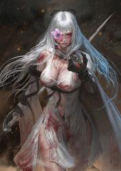 Rule 34 | 1girl, artist name, asymmetrical clothes, blood, blood on clothes, blood on face, bow, breasts, cape, cleavage, clothing cutout, commentary, drag-on dragoon, drag-on dragoon 3, english commentary, firons, flower, flower over eye, hair bow, highres, lips, long hair, looking at viewer, mechanical arms, navel, navel cutout, photoshop (medium), prosthesis, red eyes, revision, side cape, single mechanical arm, solo, white cape, white hair, zero (drag-on dragoon)