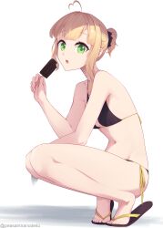 Rule 34 | absurdres, ahoge, bare shoulders, bikini, black bikini, black ribbon, blonde hair, breasts, character request, copyright request, flip-flops, food, green eyes, highres, ice cream, long hair, looking at viewer, navel, open mouth, peesh san, ponytail, ribbon, sandals, small breasts, squatting, stomach, swimsuit, teeth, upper teeth only, white background