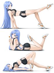 1girl ass bae_minah_(chaesu) bare_legs bare_shoulders blue_eyes blue_hair blush breasts candy chaesu commentary english_commentary eyelashes feet_up flexible food full_body highres holding holding_candy holding_food holding_lollipop legs lollipop long_hair lying medium_breasts multiple_views on_stomach original shoes short_shorts shorts simple_background sneakers the_pose very_long_hair white_background white_shoes