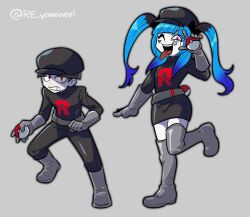 1boy 1girl amemiya_darumi belt black_hair black_hat black_pants black_shirt black_skirt blue_hair boots facial_tattoo furukawa_(yomawari) gloves grey_background grey_belt grey_gloves grimace hat heart heart_tattoo highres holding holding_poke_ball maruko_gaku one_eye_closed open_mouth pants poke_ball red_eyes shirt simple_background skirt smile standing standing_on_one_leg tattoo team_rocket team_rocket_uniform tearing_up teeth the_hundred_line_-last_defense_academy- thigh_boots tongue tongue_out twintails twitter_username upper_teeth_only